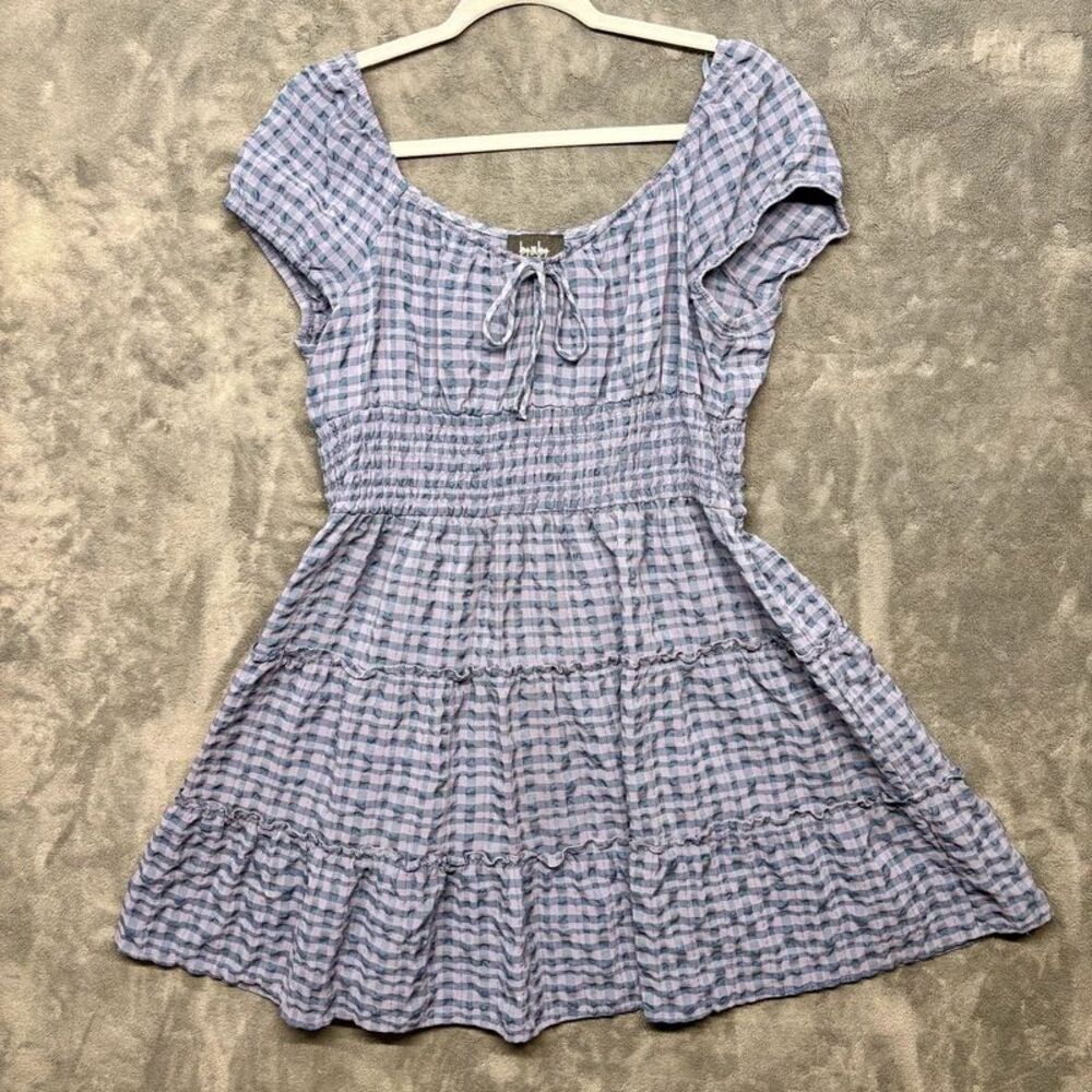 By & By Women’s XL Purple & Blue Gingham Smocked Mini Dress Tiered Ruffles